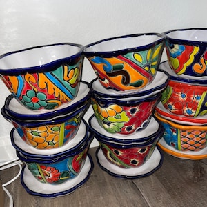 Talavera Planters with water hole and plate to catch the extra water is beautiful color Mexican folk art