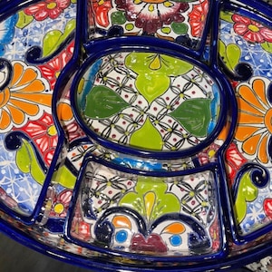 Talavera Appetizer and casserole dish Mexican Folk Art Talavera Cobalt Blue Orange Multicolored Chip Dip in Mexico beautiful