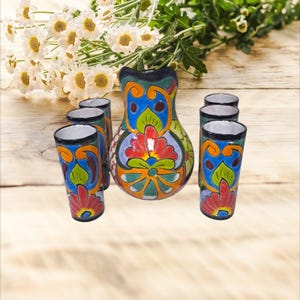 Hand Painted Talavera Pitcher Set: Mexican Pottery with Tumblers
