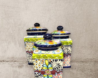 Handcrafted Talavera Canister Set: Cobalt Blue Floral, Mexican Kitchen Decor