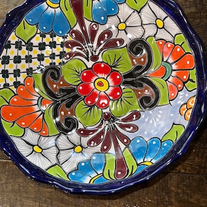 Bowl talavera cobalt blue rim serving multicolored beautiful colorful foral