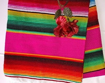 Pink Fuchsia Serape Blankets Mexican and Rainbow Striped EXTRA LARGE handcrafted