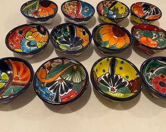 Handmade Talavera Salsa Bowls: 4" Mexican Folk Art Condiment Dishes
