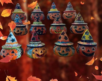 Talavera Pumpkin Jack O Lantern Candle Holder with Star Hat