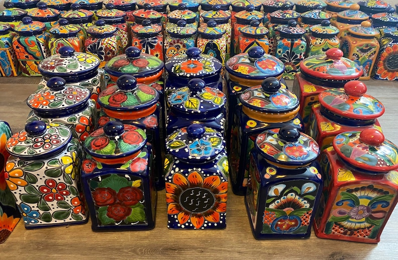 Canister set Talavera 3 Piece Handcrafted Folk art Talavera Mexico Ceramic, Floral, Colorful, Vibrant variety of colors to choose from image 1