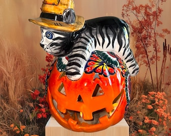 Orange Pumpkin Cat with yellow hat laying on top the pumpkin Candle Holder - Halloween Decor