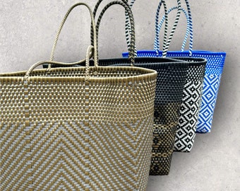 Extra Large Handwoven Recycled Plastic Tote: Mexican Market Beach Bag