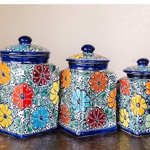 Canister Set of 3 poppy multicolored flowersCobalt Blue Rim, Floral Design