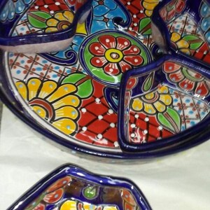 Appetizer Tray Talavera Mexican Folk Art Cobalt Blue Multicolored Chip Dip Platter 7 Pc Handcrafted in Mexico 12.5 beautiful image 8