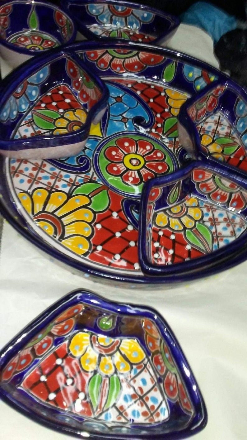 Appetizer Tray Talavera Mexican Folk Art Cobalt Blue Multicolored Chip Dip Platter 7 Pc Handcrafted in Mexico 12.5 beautiful image 8