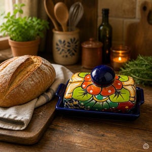 Könnte beinhalten: Eine rechteckige Butterdose aus Keramik mit einem dunkelblauen Unterteil und einem Deckel mit handgemaltem Blumenmuster in Orange, Grün und Gelb, gekrönt von einem dunkelblauen, kugelförmigen Knauf, platziert auf einer Holzoberfläche.