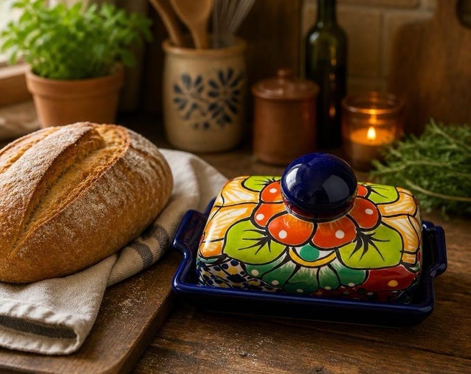 Butter Dish Talavera rim cobalt Blue Floral Design extra large handmade