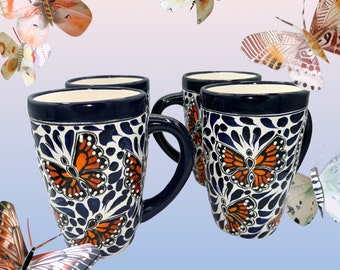 Talavera Mexican Coffee Mug: Cobalt Blue Monarch Butterfly, 20oz