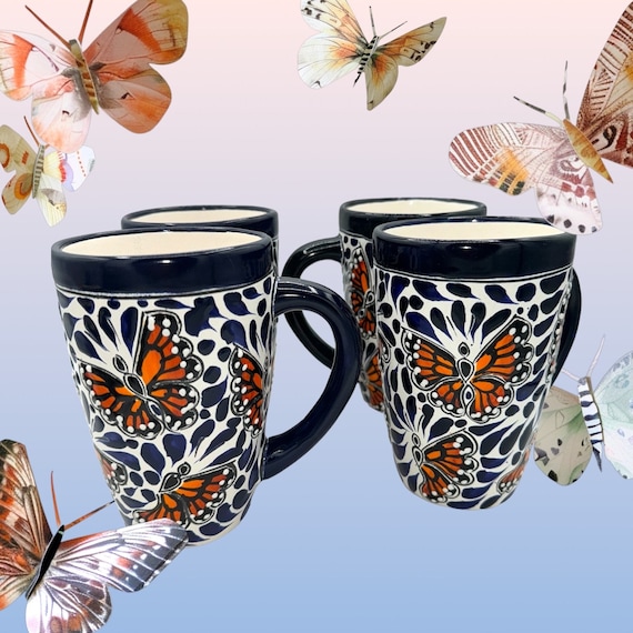 Talavera Mexican Coffee Mug: Cobalt Blue Monarch Butterfly, 20oz
