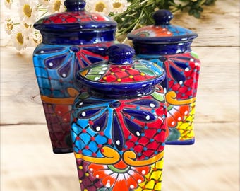 Handcrafted Talavera Canister Set: Mexican Folk Art Ceramic, Floral Design
