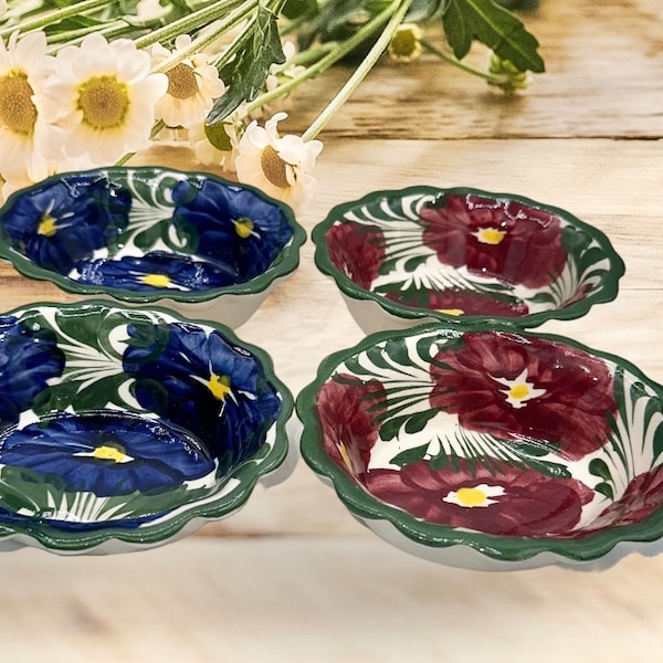 Salsa bowls oval clay handpainted bowl or Sets of 2,4 ,6, 8 or 10  flowers blue red and yellow Mexican Folk Art gift basket