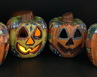 Talavera Pumpkin Jack o Lantern ceramic Halloween decor orange with multicolored put candles