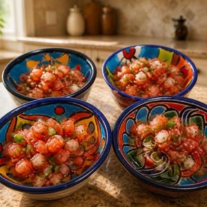 May include: Four round ceramic bowls featuring vibrant hand-painted patterns in shades of blue, red, yellow, and green. Each bowl is filled with a fresh mixture of diced red tomatoes, white onions, and green herbs, arranged on a countertop.