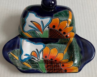 Talavera large butter dish sunflowers cobalt blue orange and white lilies green leaf with cobalt blue hand painted