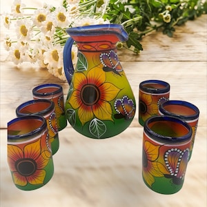 Hand-Painted Mexican Pottery Pitcher Set: Sunflower & Butterfly Tumblers