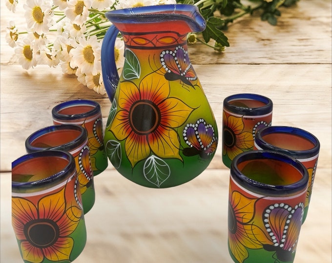 Hand-painted Mexican Pottery Pitcher Set: Sunflower & Butterfly ...