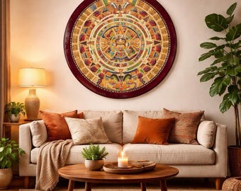 Aztec Calendar Hand Carved Wood Mosaic Mayan Art (30" Diameter)