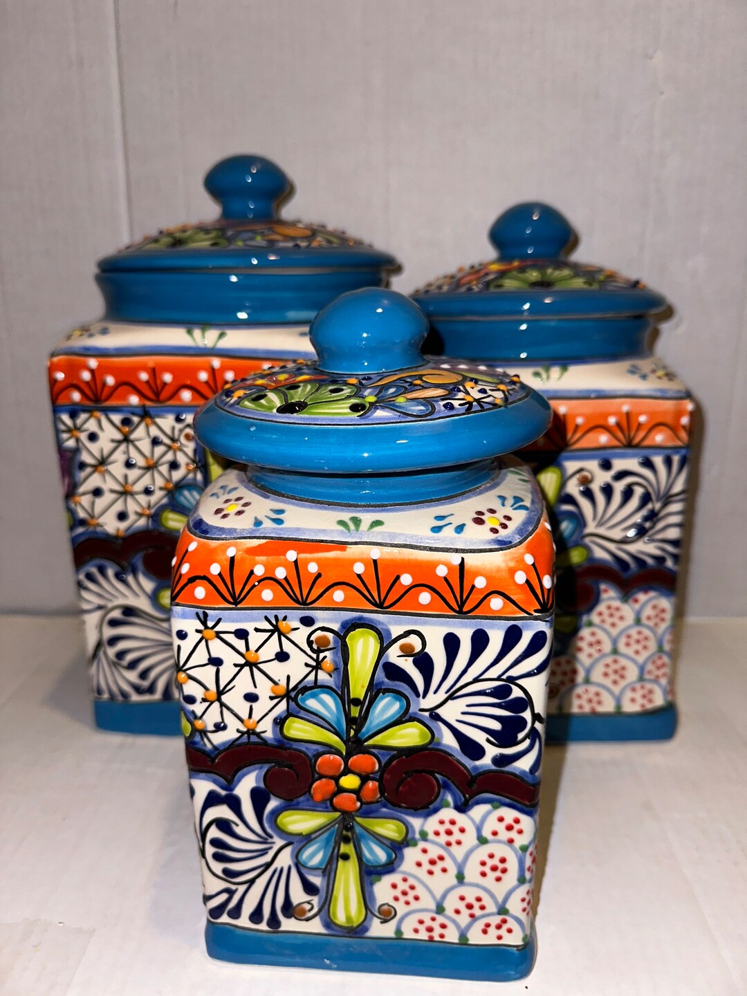 Canister Set of 3 Large Turquoise Blue Hand Painted Hand Crafted