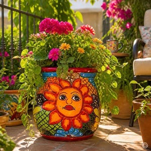 Peut inclure: Un pot de fleurs en céramique rond orné d'un visage de soleil orange peint à la main avec des pétales rouges, sur un motif en treillis vert et des accents bleus. Le pot contient des fleurs roses, jaunes et orange avec du feuillage vert.