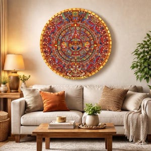 Aztec Calendar Handcrafted Colorful Wood Wall Art - Intricate Mexican Sun Design