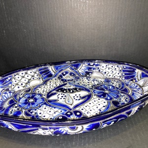 Platter Talavera Oblong cobalt blue and white beautiful hand painted signed on back 17”x 11”x 2”