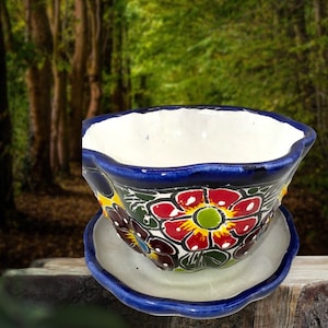 Talavera  planter Flower with water hole and plate to catch the extra water is Beautiful color Mexican folk art  4”x 6&quot;