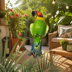May include: A hanging parrot ornament featuring a bright green body, a yellow chest, and a multi-coloured tail with blue, yellow, and orange accents. The parrot has a black beak and orange head details, suspended from a thin metal wire frame.