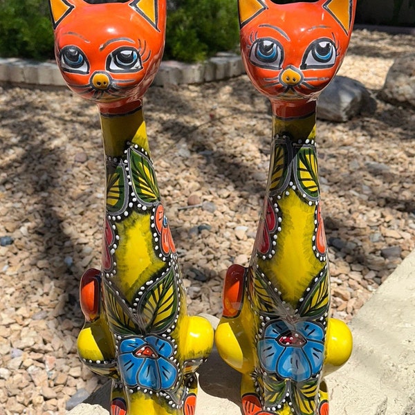 Talavera Cat long statue thin 19.5 beautiful handprinted yellow and orange with multicolored flowers