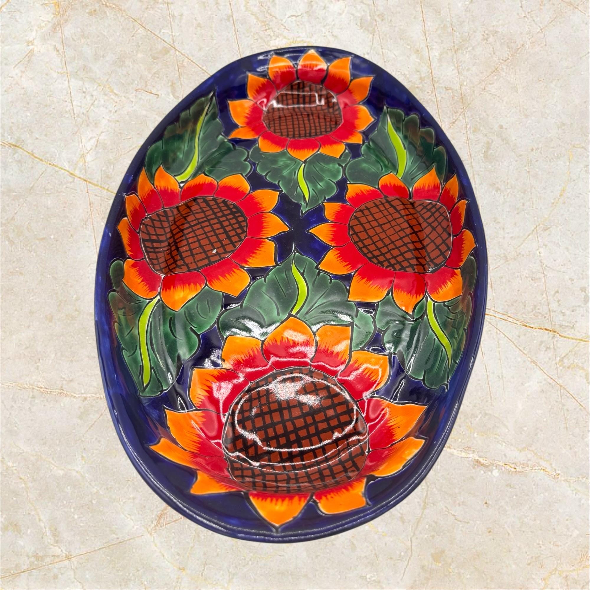 ひまわりの皿 大きなオレンジ コバルトブルー 手描きタラベラ - Etsy 日本