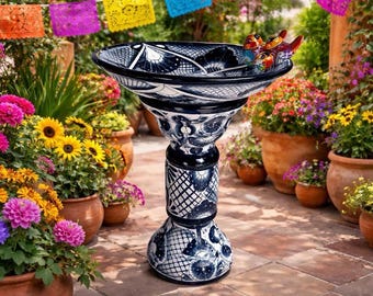 Bird Bath Pedstal taklavera Hand-Painted Cobalt Blue Rim