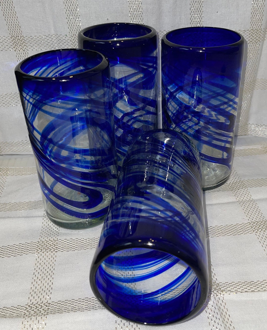 Vasos de remolino azul Vasos altos caídos Juego de 2 o 4 Vidrio elegante  soplado a mano 6.2 x 3 20 oz -  México