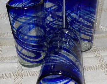 Large Blue swirl tall tumblers glasses Set of 2, 4 and 6 Hand blown elegant Glass 6.2"x 3" 20 oz