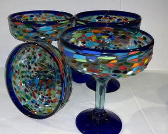 Margaritas Glasses Set of 2, 4 or 6 Hand blown blue rim and stand  pebble Elegant Glass very Beautiful holds very strong