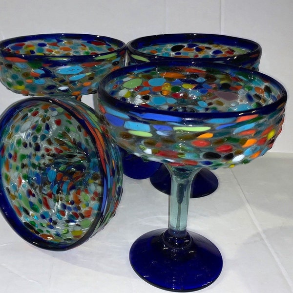 Margaritas Glasses Set of 2, 4 or 6 Hand blown blue rim and stand  pebble Elegant Glass very Beautiful holds very strong