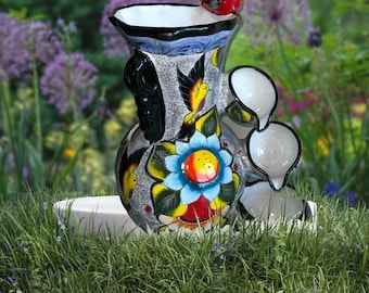 Talavera Trinkfontäne schwarzer Rand bunte Farben mit rotem Vogel 60 cm Höhe