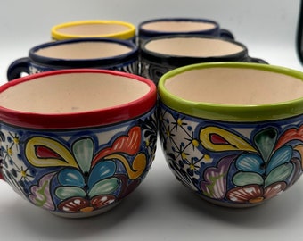 Talavera wide Cup or Mug XL Ceramic multicolored rim beautiful hand painted large cup of tea, coffee or chocolate 5X 3” 24 oz