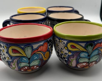 Talavera wide Cup or Mug XL Ceramic multicolored rim beautiful hand painted large cup of tea, coffee or chocolate 5X 3” 24 oz