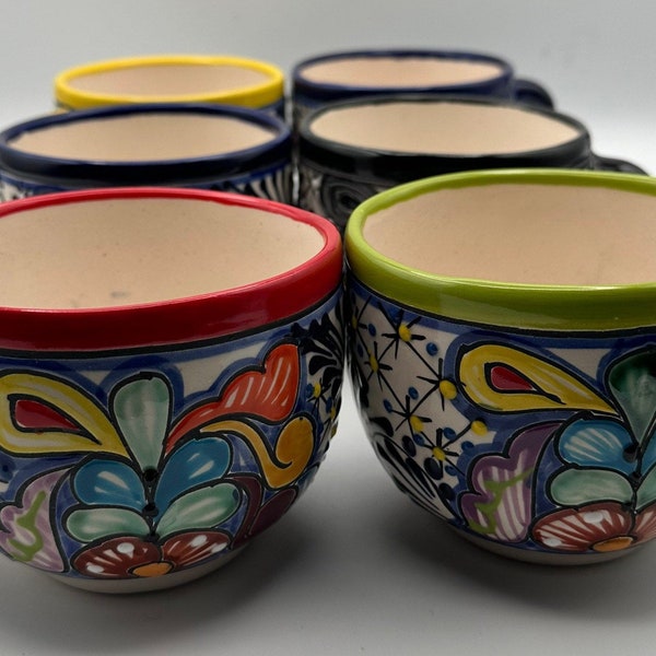 Talavera wide Cup or Mug XL Ceramic multicolored rim beautiful hand painted large cup of tea, coffee or chocolate 5X 3” 24 oz