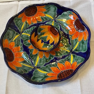 Handmade Talavera Plate and Salsa Bowl Set: Sunflower Appetizer Tray