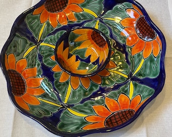 Talavera Plate ribbon and salsa bowl 2 pieces set sunflowers orange l green leaves cobalt blue l salsa bowl.