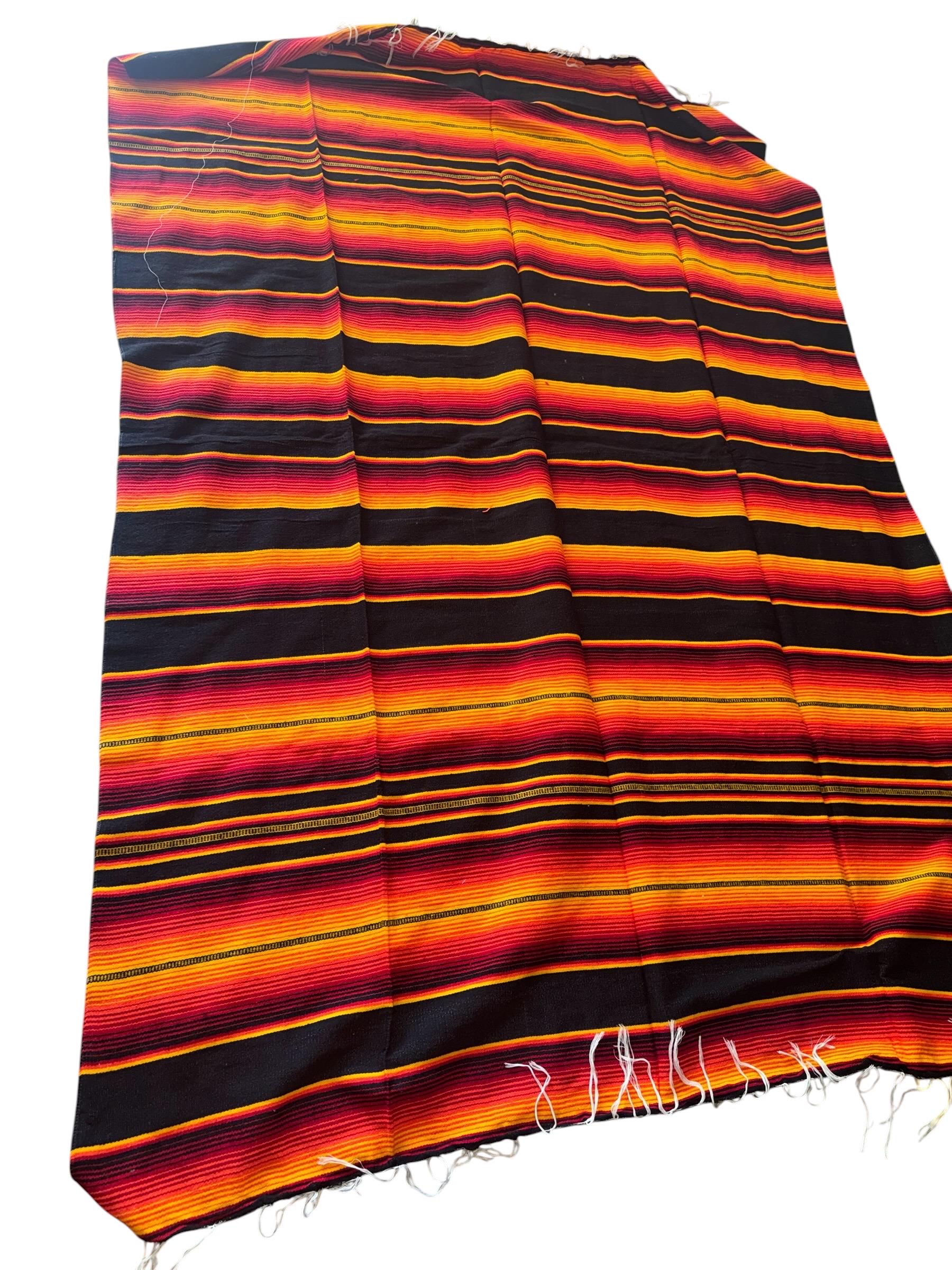 Serape Blanket: Orange Red Black Stripe, White Fringe (82