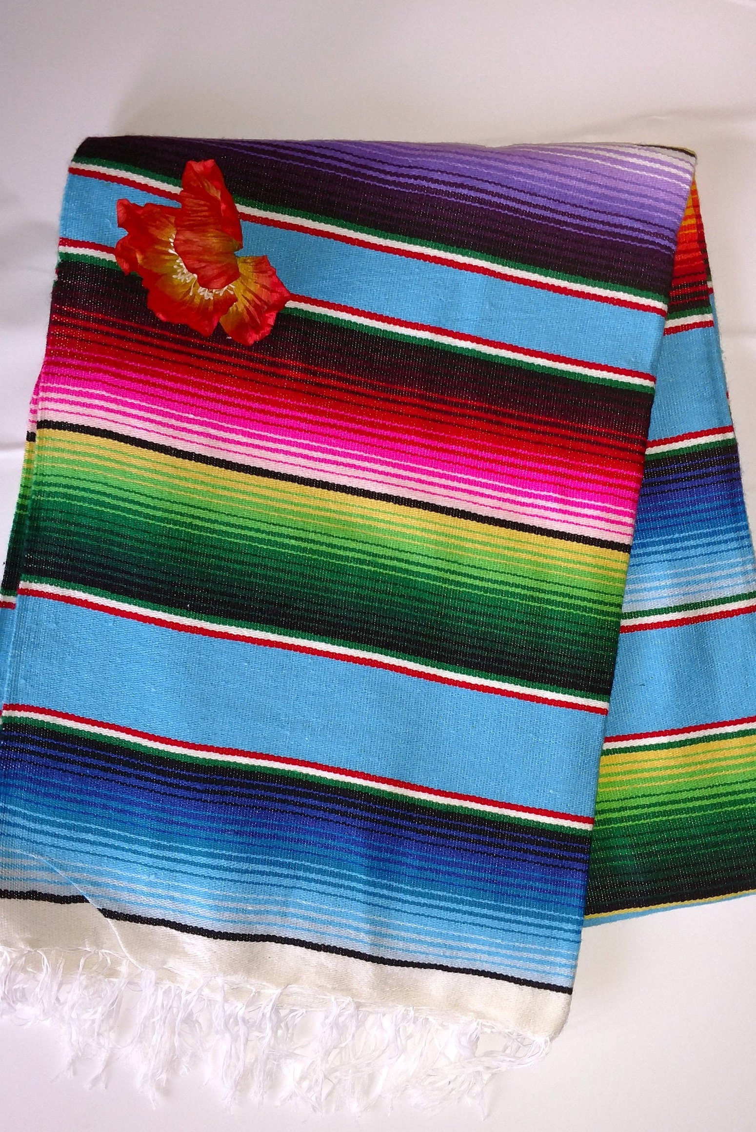 Blankets Mexican Baby Blue Serape Beautiful With Rainbow Etsy