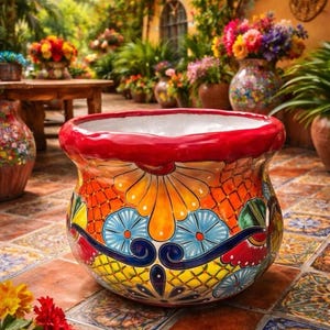 Op de afbeelding: Een ronde keramische plantenpot met een levendig handgeschilderd ontwerp, een dikke rode rand, een witte binnenkant en een lichaam versierd met gele, oranje, blauwe en groene bloem- en geometrische patronen op een glanzend geglazuurd oppervlak.