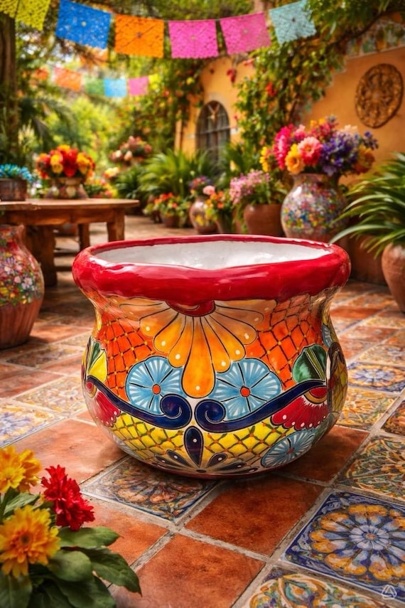 Planter Red Rim Large Talaver With Multicolored Floral Hand