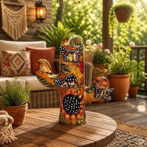 May include: A ceramic cactus sculpture featuring a vibrant orange and yellow base with hand-painted black and white butterflies and a large sunflower. The surface is decorated with intricate floral patterns and green leaves throughout the structure.